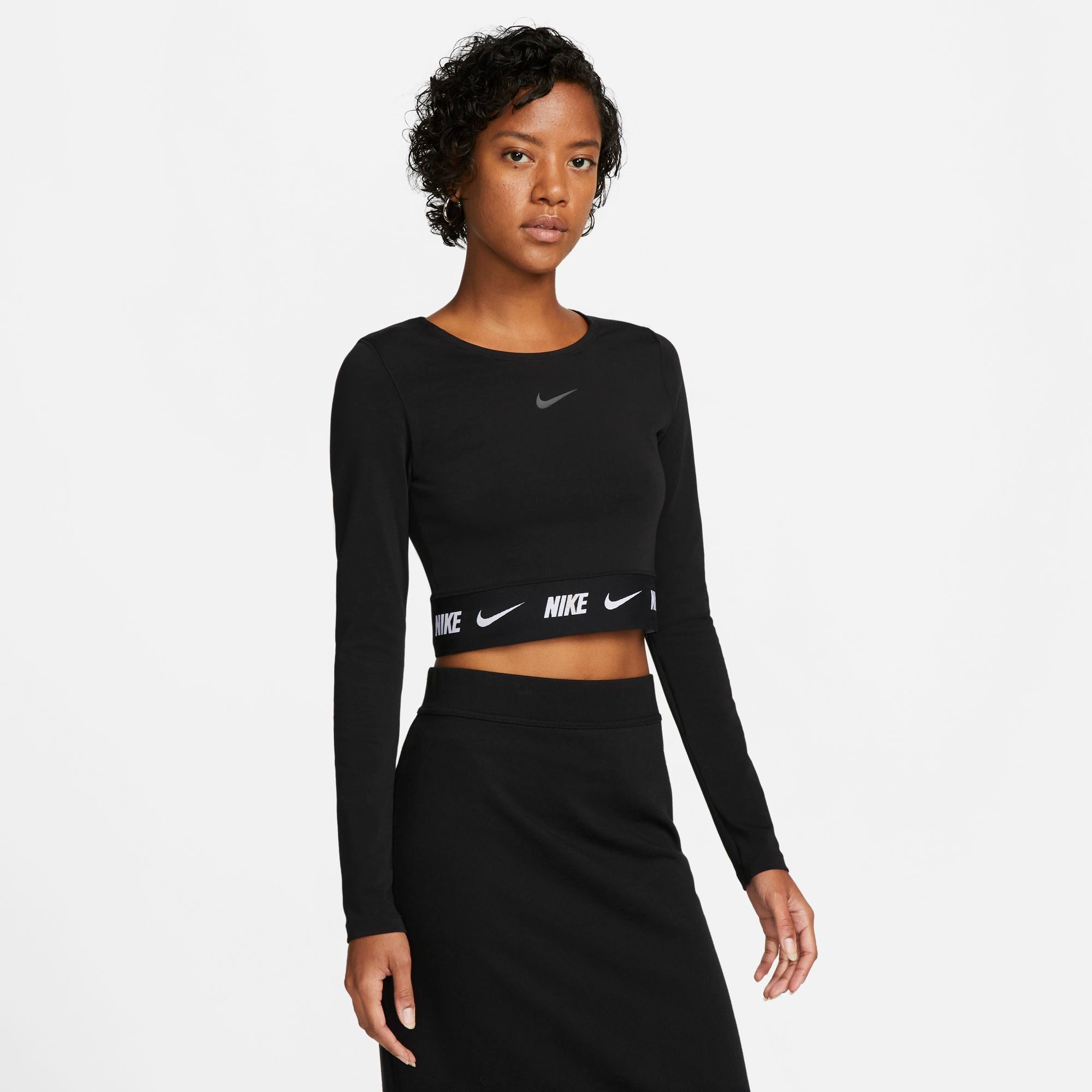 Womens Branded Waistband Fitted Crop Long Sleeve T-Shirt