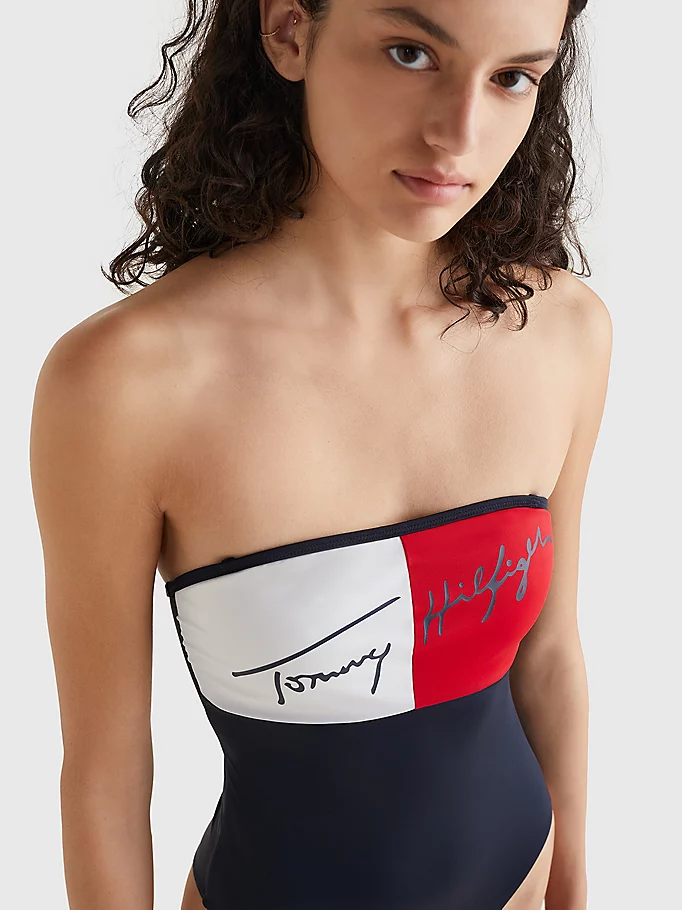 Womens Graphic Colorblock Bandeau Swimsuit