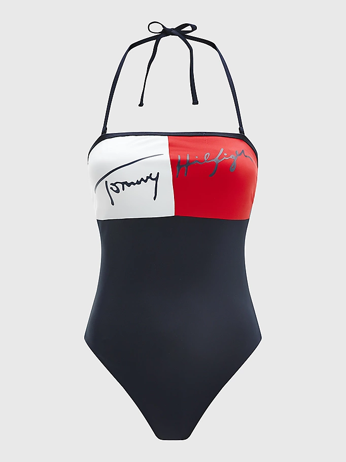 Womens Graphic Colorblock Bandeau Swimsuit