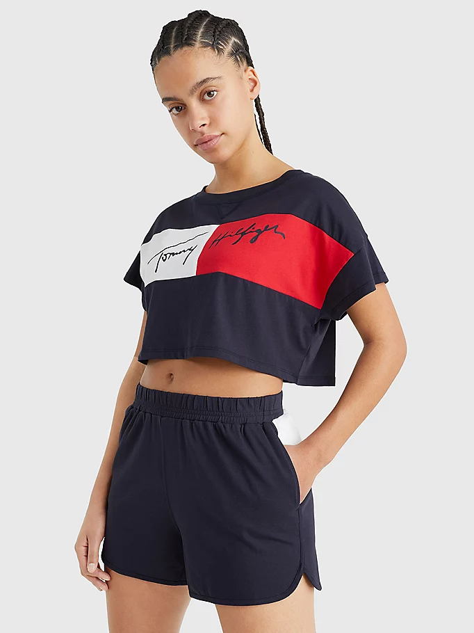 Womens Graphic Colorblock Crop Short Sleeve T-Shirt
